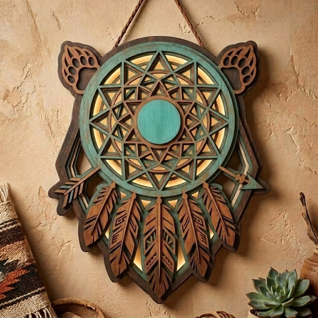 Turquoise Dreamcatcher 3 Layer Wooden Sign, Bear Paw Wall Art, Layered Wood Decor, Not 3D Printed, Southwestern Boho Sign, Native Style Decor, Gift