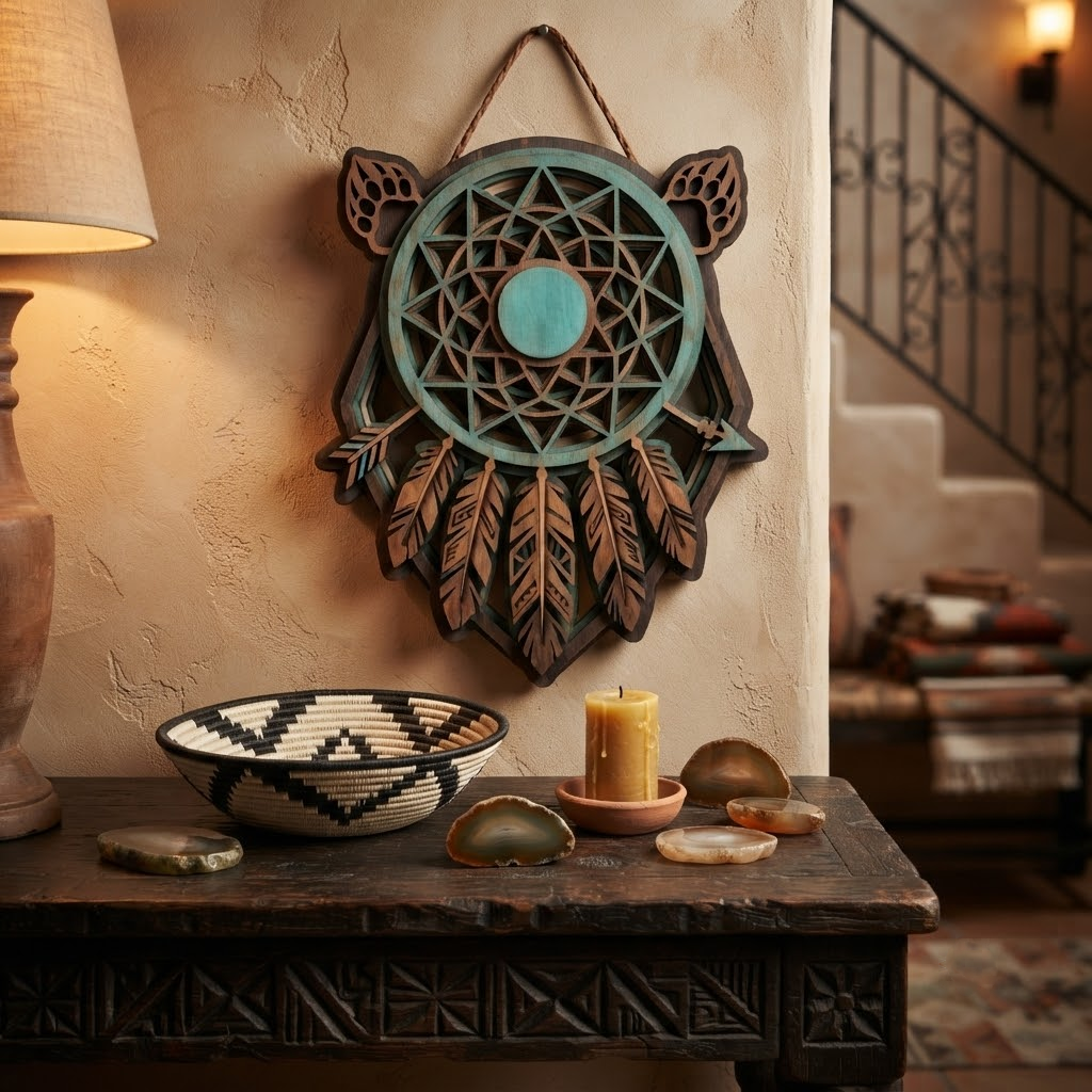 Turquoise Dreamcatcher 3 Layer Wooden Sign, Bear Paw Wall Art, Layered Wood Decor, Not 3D Printed, Southwestern Boho Sign, Native Style Decor, Gift